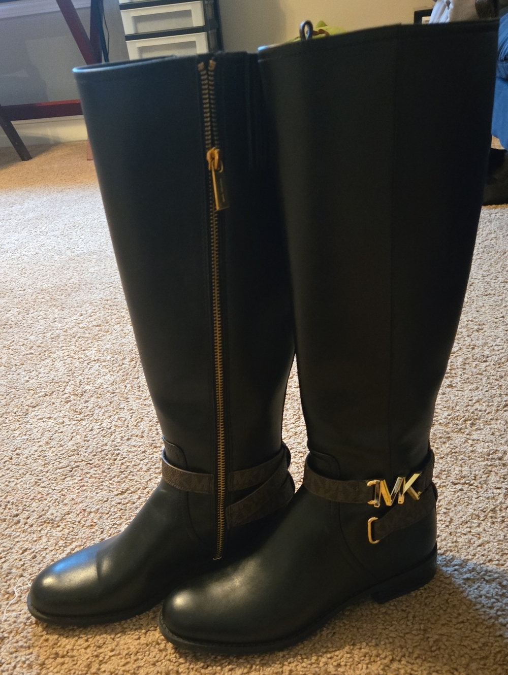 Michael Kors Black Leather Tall Riding Boots with Gold MK Accent